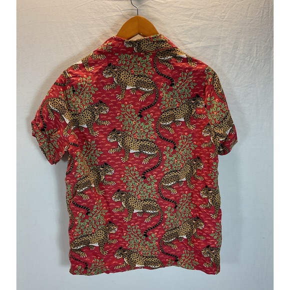 Anthropologie Red Print Fresh Bagheera Jungle Cheetah Pajama ButtonUp Shirt Sz S - Picture 2 of 9